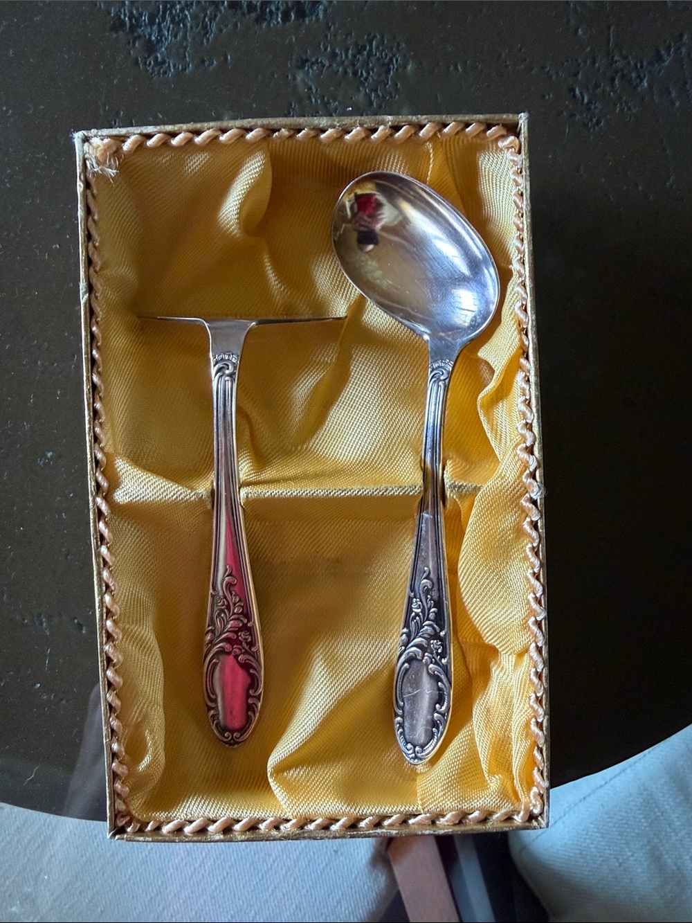 Vintage Alpacca Silverplate Baby Feeding Set - Rose pattern spoon and pusher
